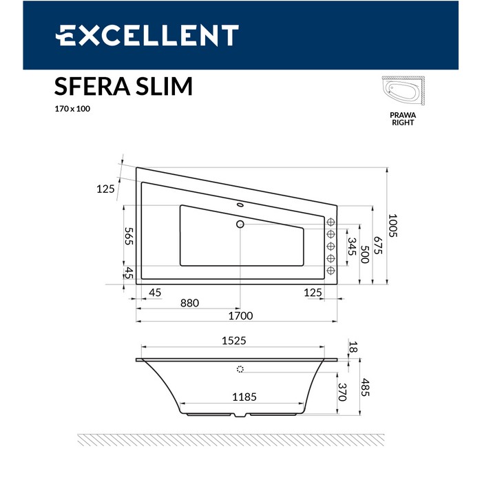 Ванна EXCELLENT Sfera Slim 170x100 (правая) "SOFT" (бронза)