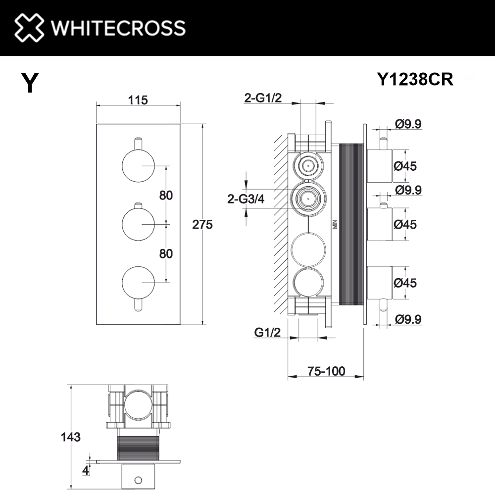 Смеситель термостатический для душа скрытого монтажа WHITECROSS Y Y1238CR (хром)