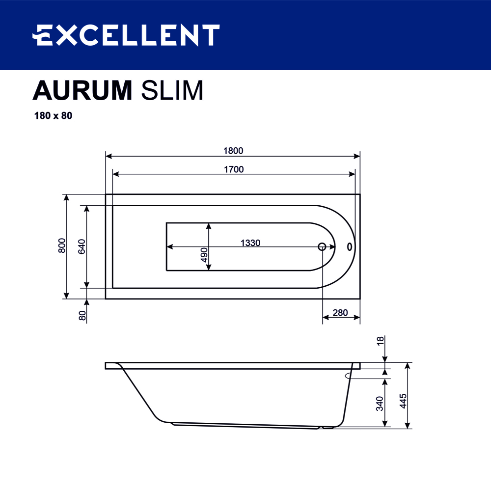 Ванна EXCELLENT Aurum Slim 180x80 "AERO" (хром)