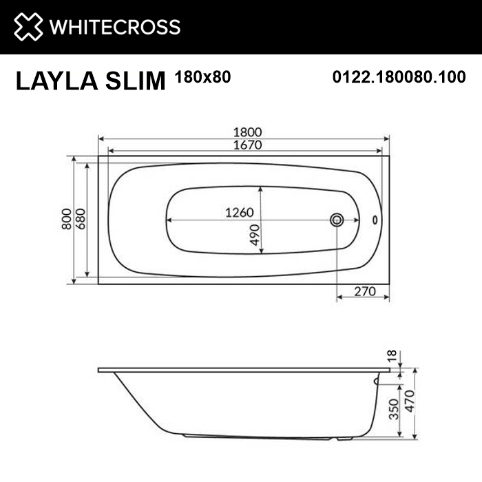 Ванна WHITECROSS Layla Slim 180x80 "SMART" (хром)