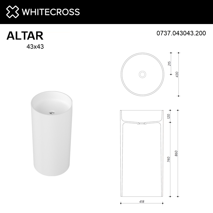 Умывальник WHITECROSS Altar D=43 (белый мат) иск. камень