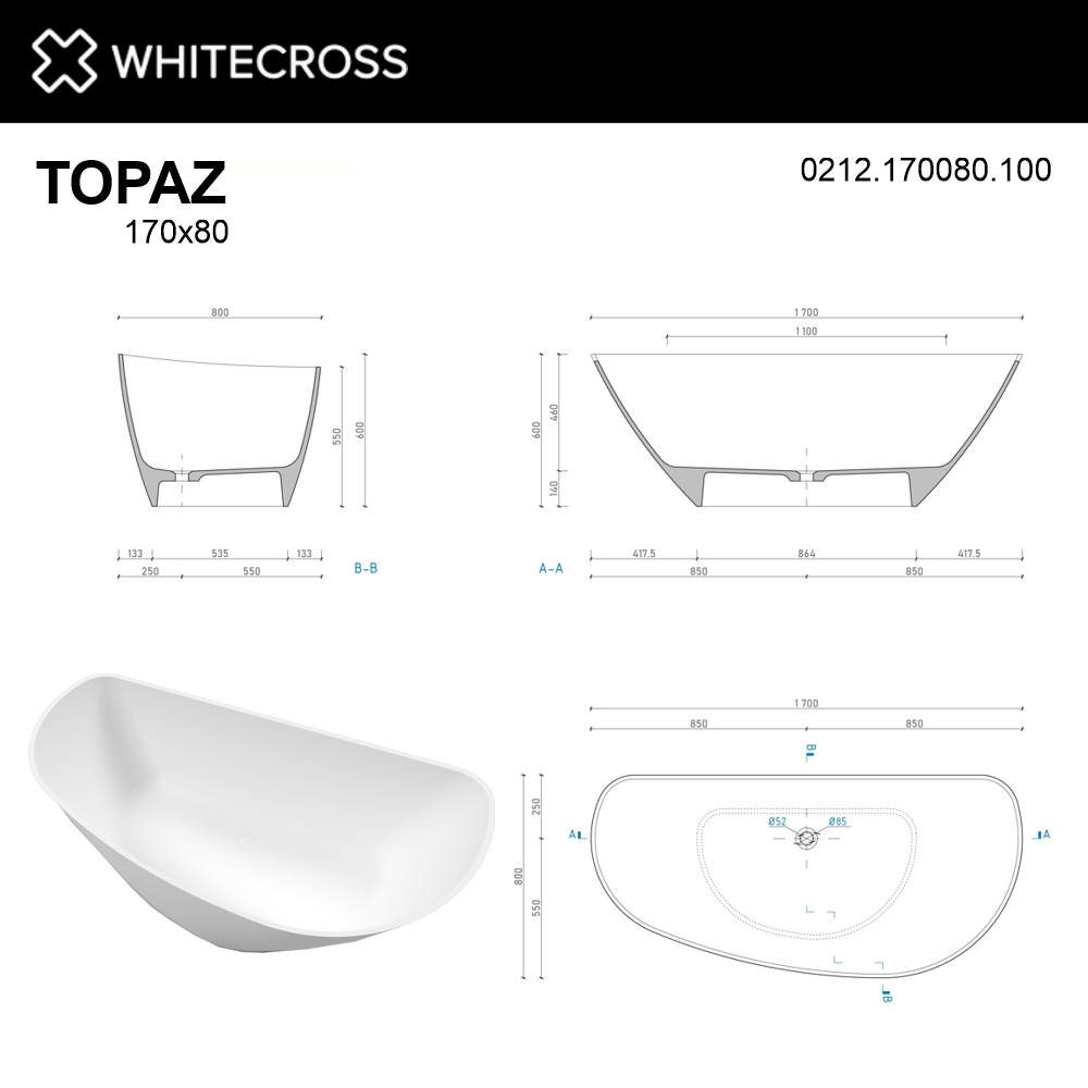 Ванна WHITECROSS Topaz 170x80 (белый мат) иск. камень 