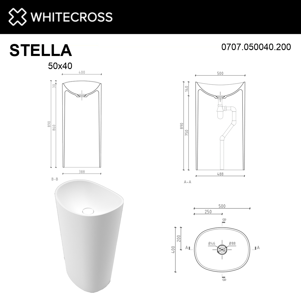 Умывальник WHITECROSS Stella 50x40 (белый мат) иск. камень