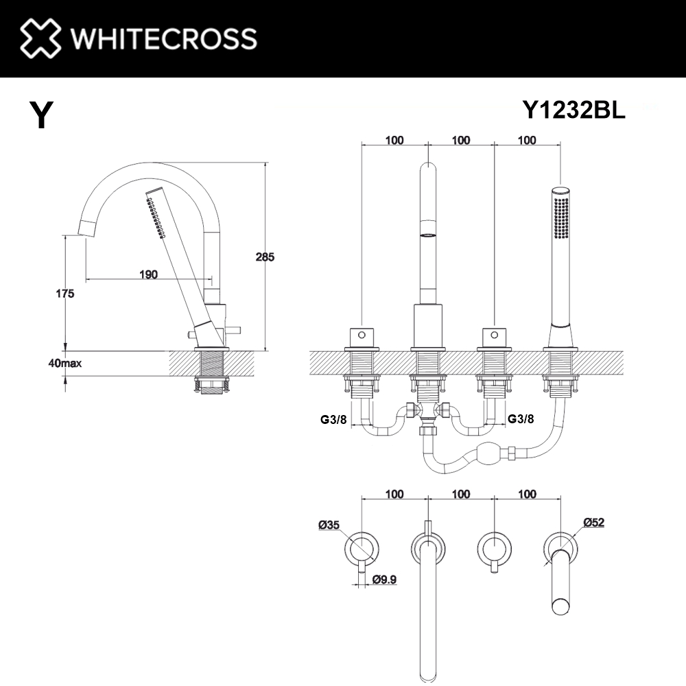 Смеситель для ванны на 4 отверстия WHITECROSS Y Y1232BL (черный мат)