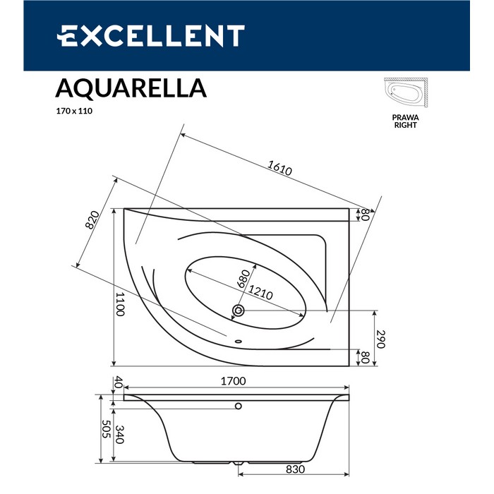 Ванна EXCELLENT Aquarella 170x110 (правая) "NANO" (хром)