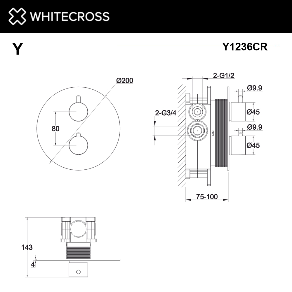 Смеситель термостатический для душа скрытого монтажа WHITECROSS Y Y1236CR (хром)