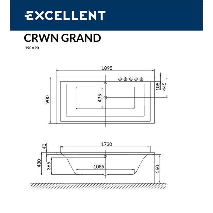 Ванна EXCELLENT Crown Grand 190x90 "SOFT" (хром)