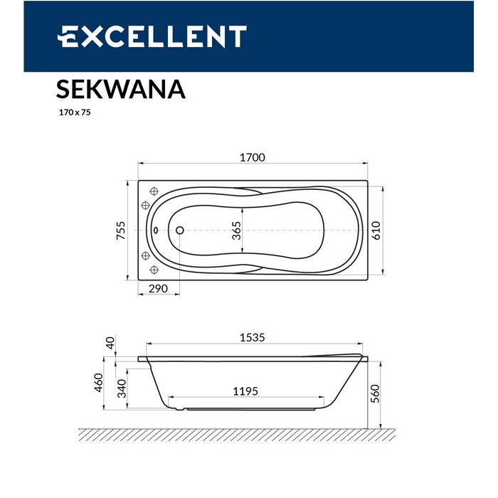 Ванна EXCELLENT Sekwana 170x75 "ULTRA NANO" (хром)