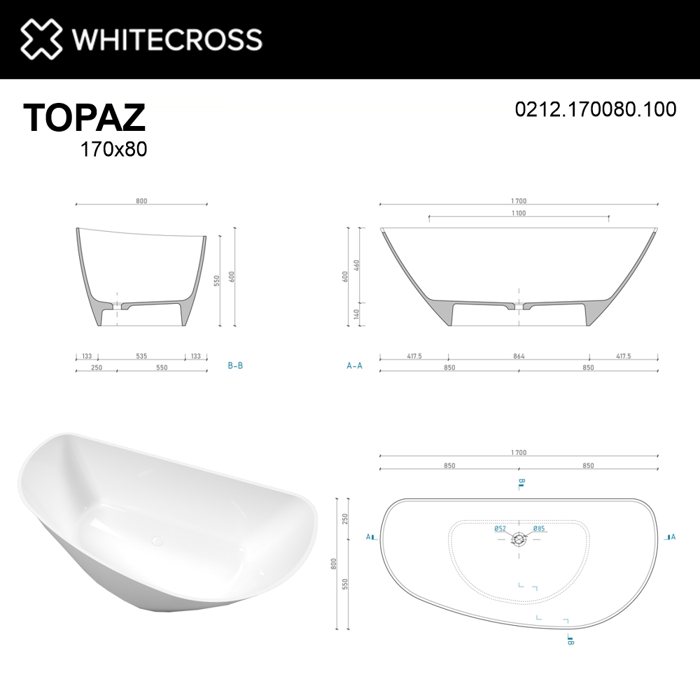 Ванна WHITECROSS Topaz 170x80 (белый глянец) иск. камень 