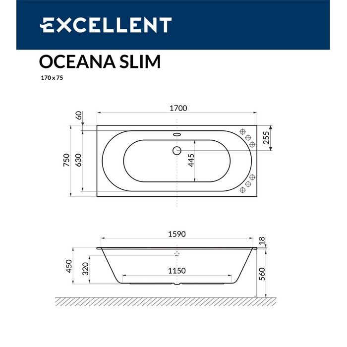 Ванна EXCELLENT Oceana Slim 170x75 "SOFT" (хром)